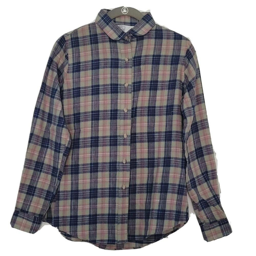Woolrich Flannel Shirt Womens Size 9/10 Blue Pink Plaid 100% Cotton Button Down